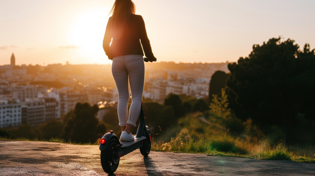 Photo of a woman on an electric scooter, golden hour