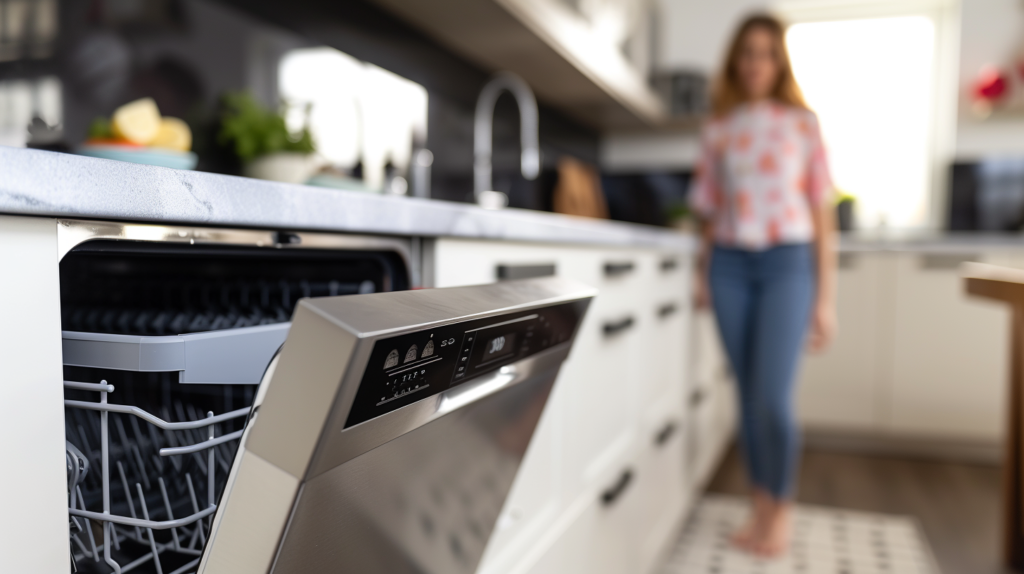 Photo of a dishwasher that isn't draining. Frustrated woman in the background. 