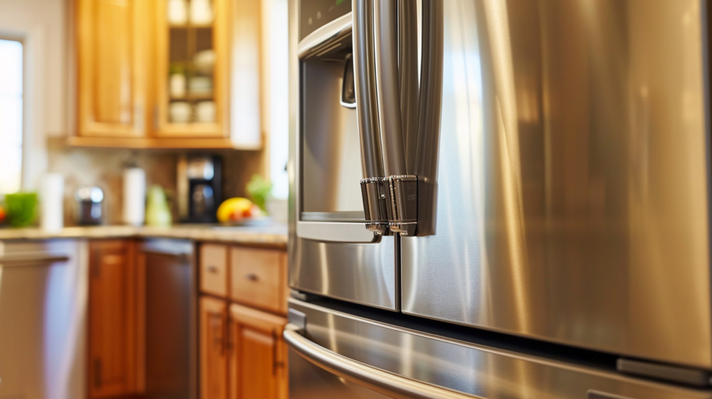 Still life close up angled photo of a stainless steel refrigerator in a kitchen before a refrigerator door seal replacement