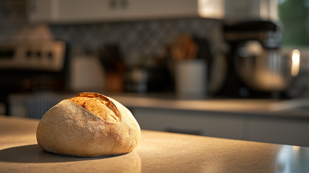 rounded sourdough loaf of bread from a bread machine