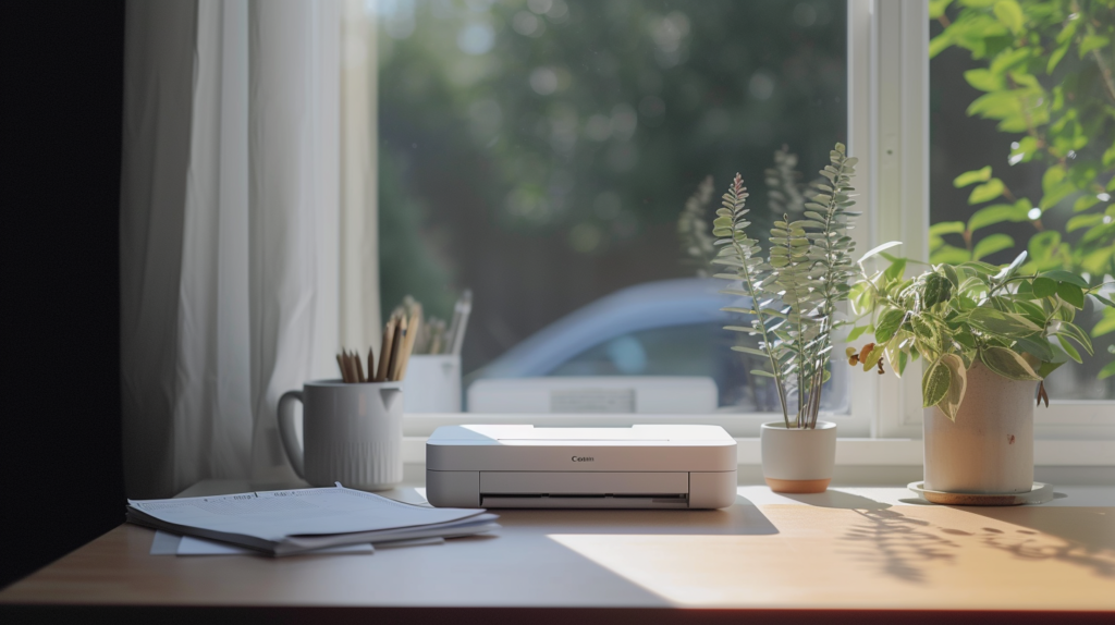 a wireless printer on the desk of a home office