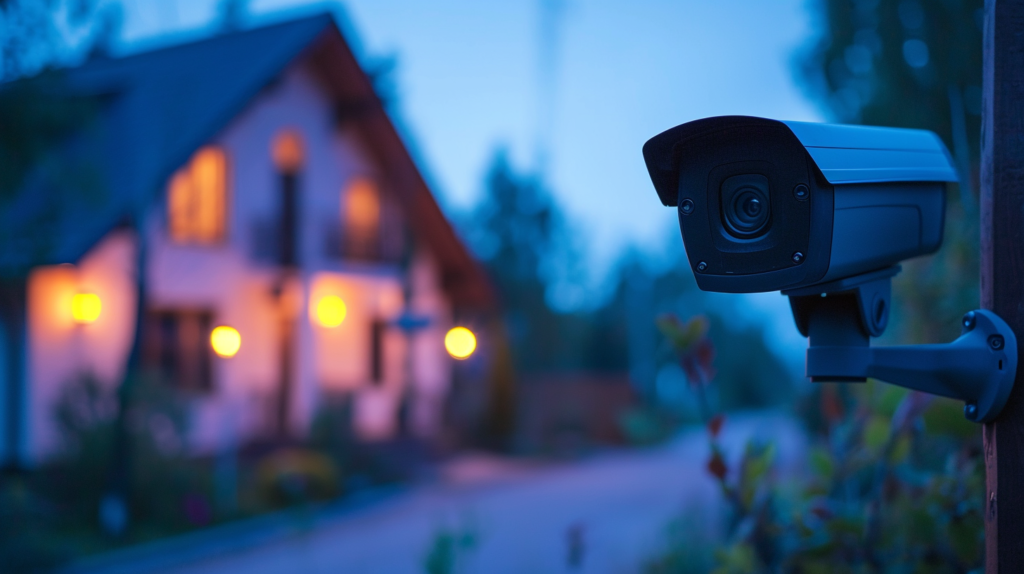 photo of a home security system camera outside of a house at dusk