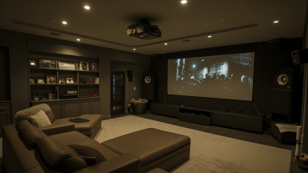 Home theater with a ceiling-mounted projector showing a black and white film