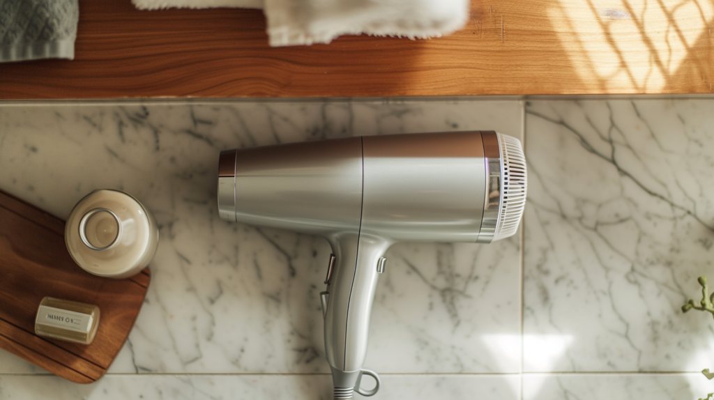 Hair dryer sitting on a bathroom counter