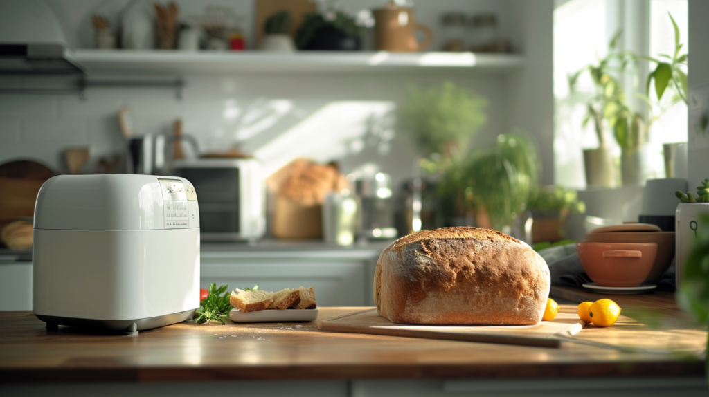 Photo of a bread maker and a loaf of bread in a kitchen