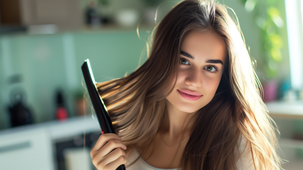 woman using a hair straightener