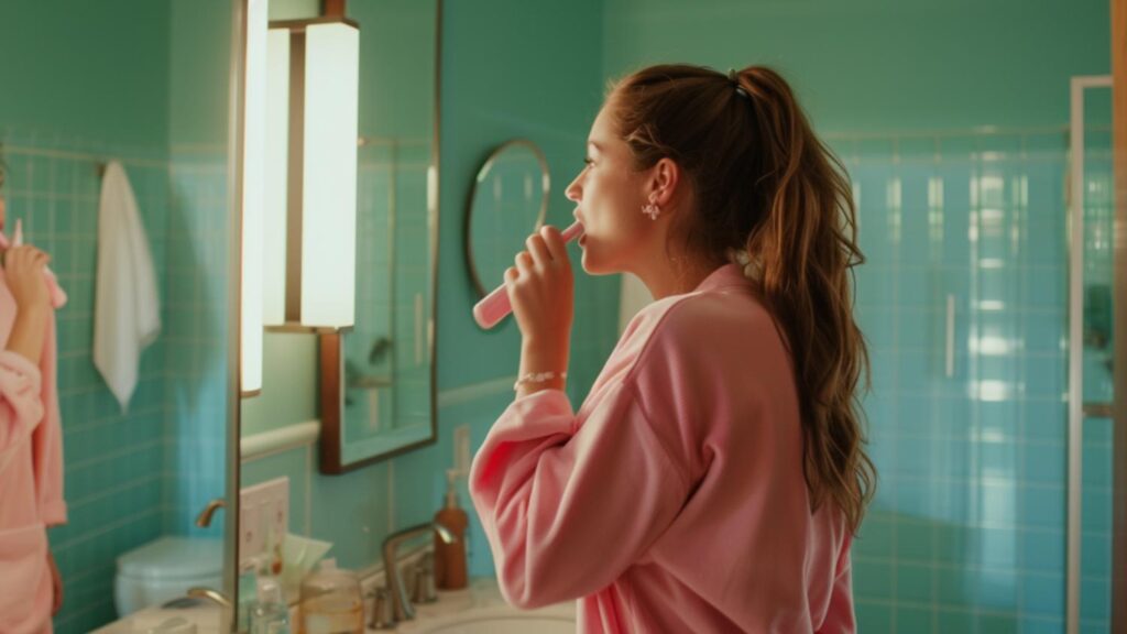 woman brushing her teeth with an electric toothbrush