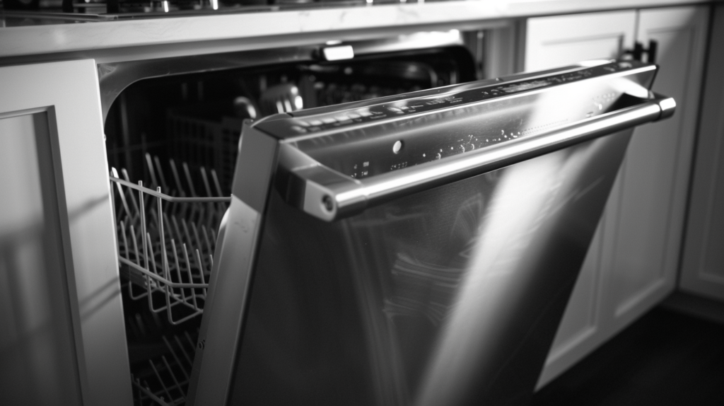 stainless steel dishwasher black and white photography