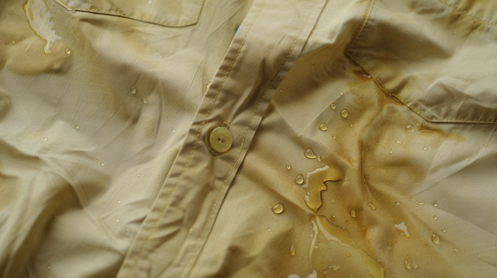 Close-up image of a light beige shirt with noticeable oil or grease stains and water droplets on the fabric. The stains are scattered across the shirt, creating a marked contrast against the fabric. The shirt features a button-down design with visible seams and stitching.