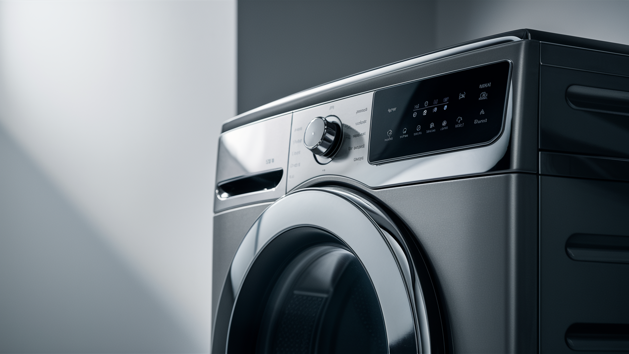 Dark front-load dryer with a control dial and touch panel