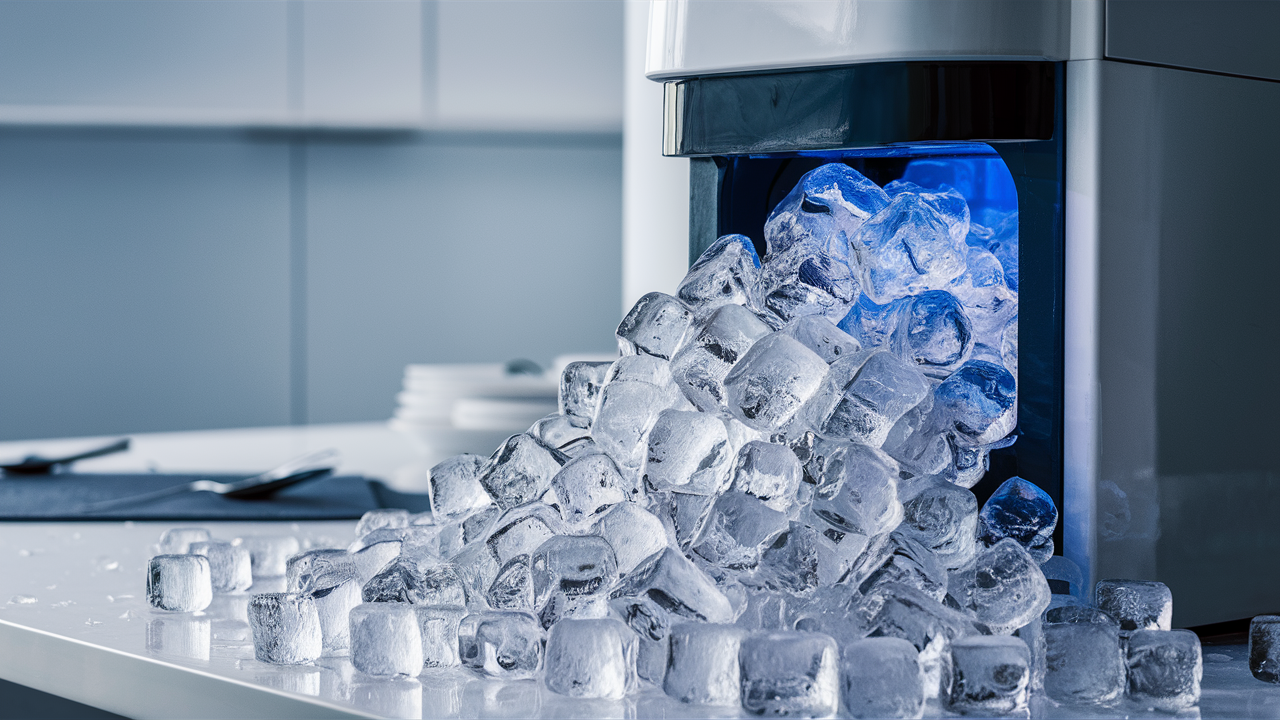 Ice cubes overflowing from an ice maker and spilling across a countertop