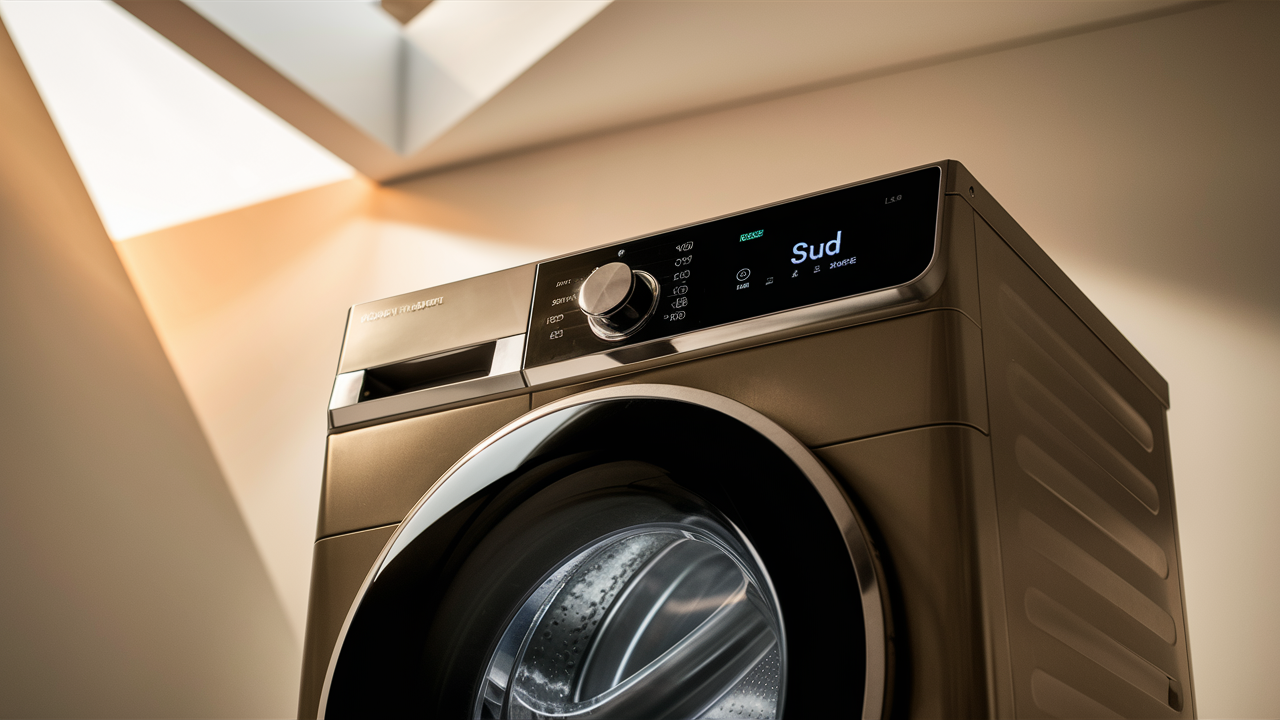 Bronze front-load washer with Sud shown on its digital display