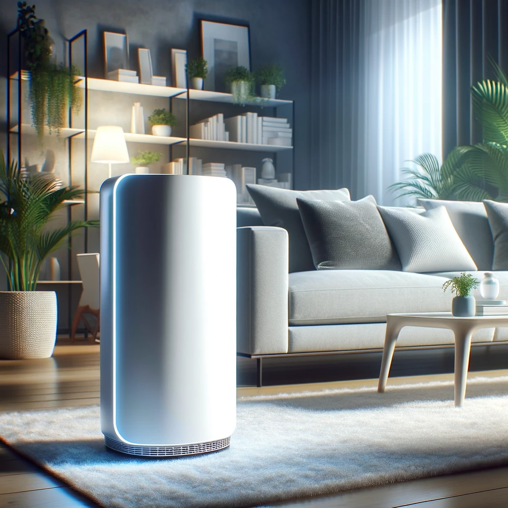 White cylindrical air purifier on a rug in a living room