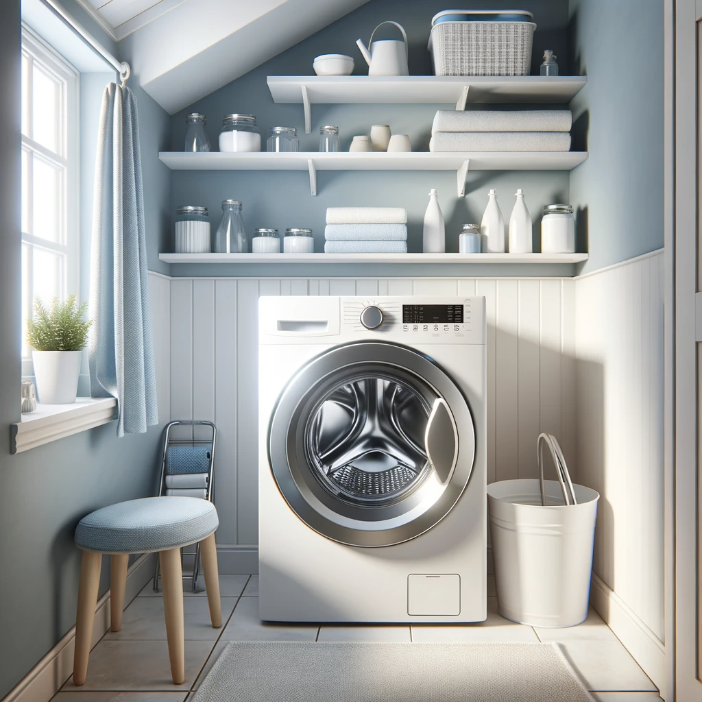 White front-load washer in a compact laundry room under storage shelves