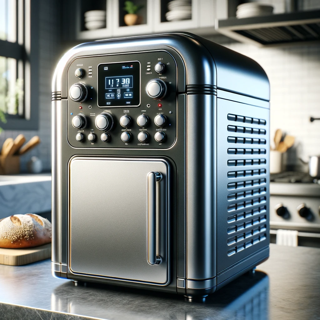 Stainless bread machine with digital display and control knobs next to a loaf of bread