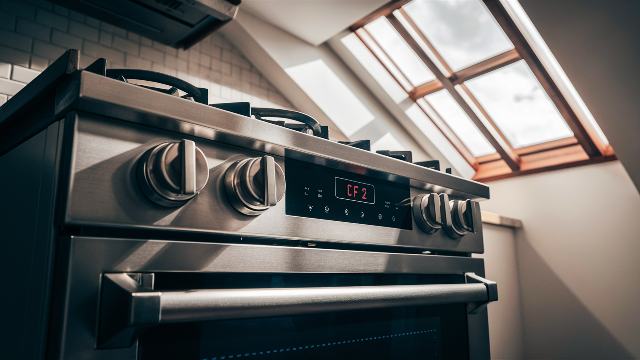 Stainless gas range with CF2 error code shown on the control panel display
