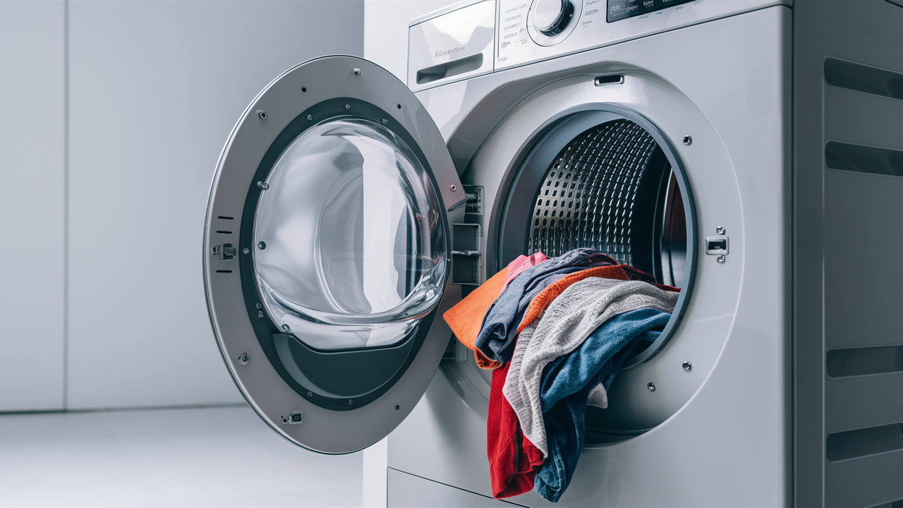 Front-load dryer with door open and colorful clothes spilling out of the drum