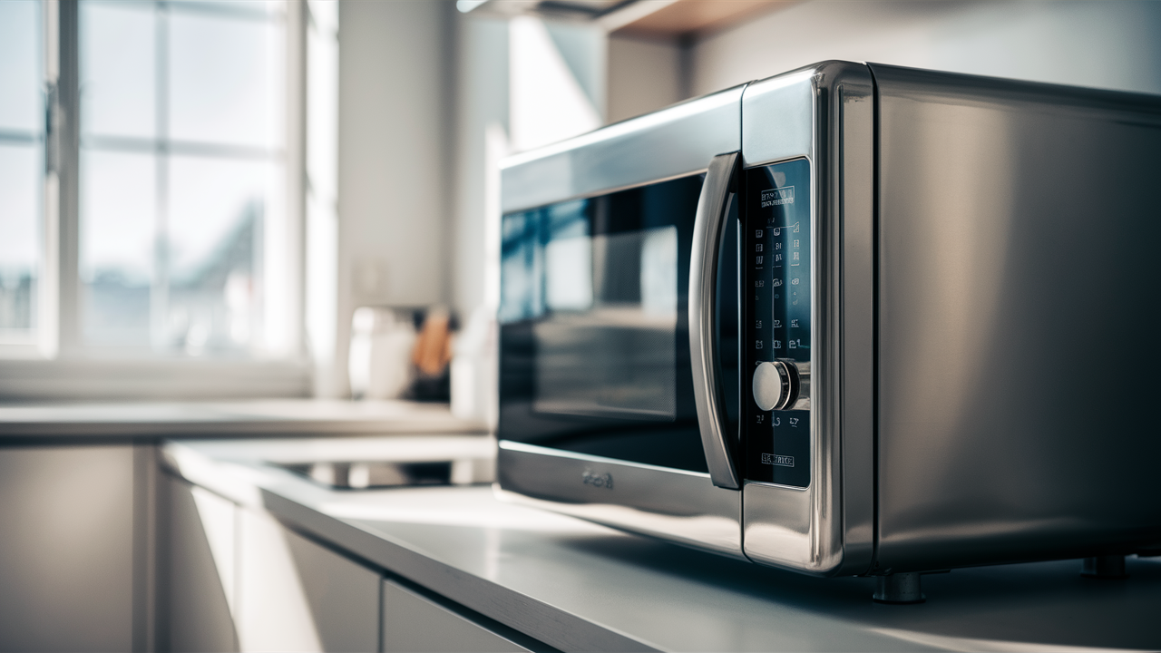 Stainless countertop microwave with a vertical keypad beside the door in a bright kitchen