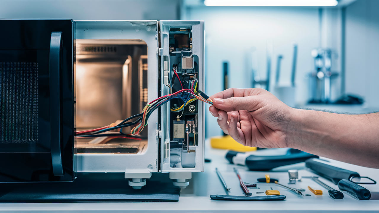 Hand holding wires inside an opened microwave control panel with tools on the bench