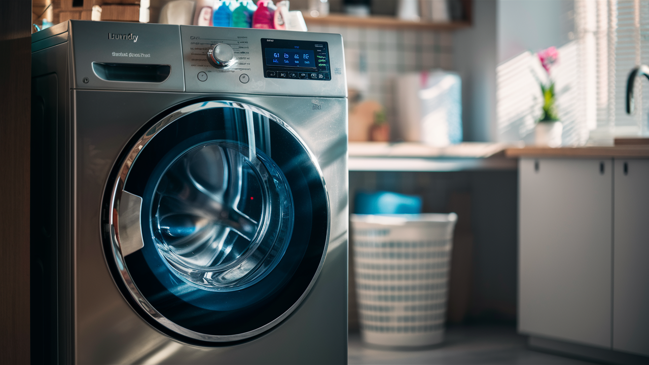 Front-load washing machine with a clear door in a laundry room