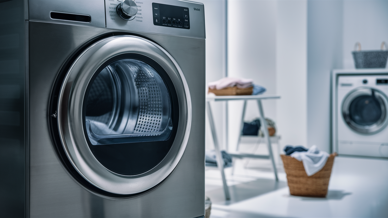 Stainless front-load dryer with its perforated drum visible through the door