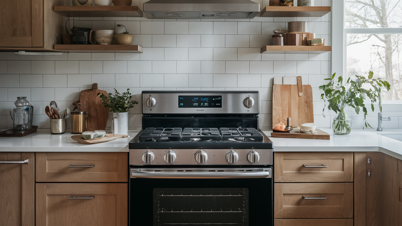 Stainless gas range with a black oven door set into wood kitchen cabinets