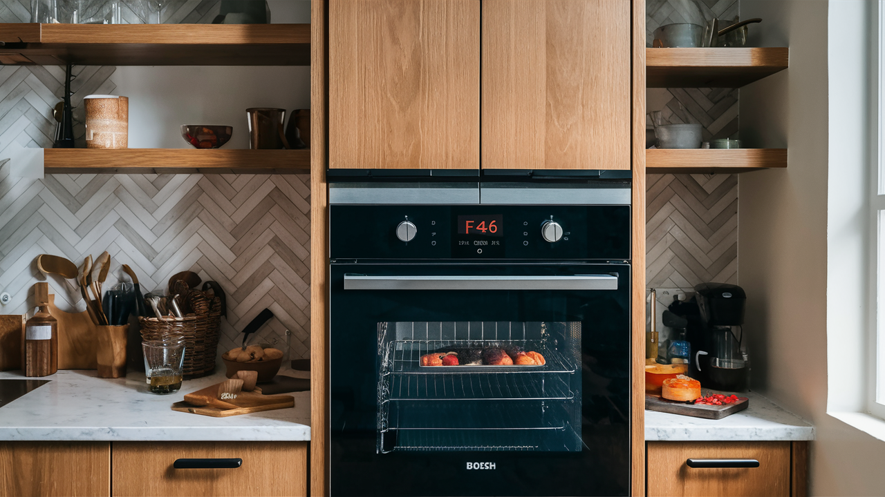 Bosch built-in wall oven displaying an F46 error code between wood cabinets