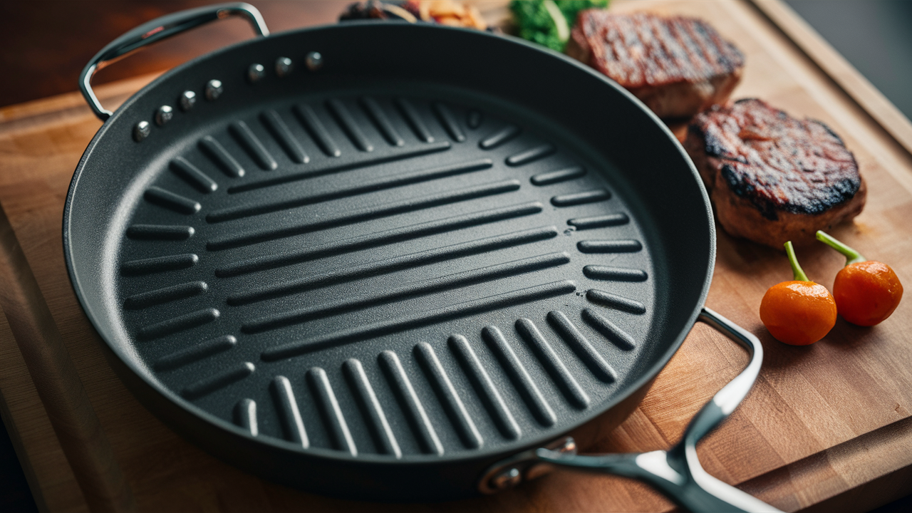 Round nonstick grill pan with raised ridges on a cutting board beside grilled steaks