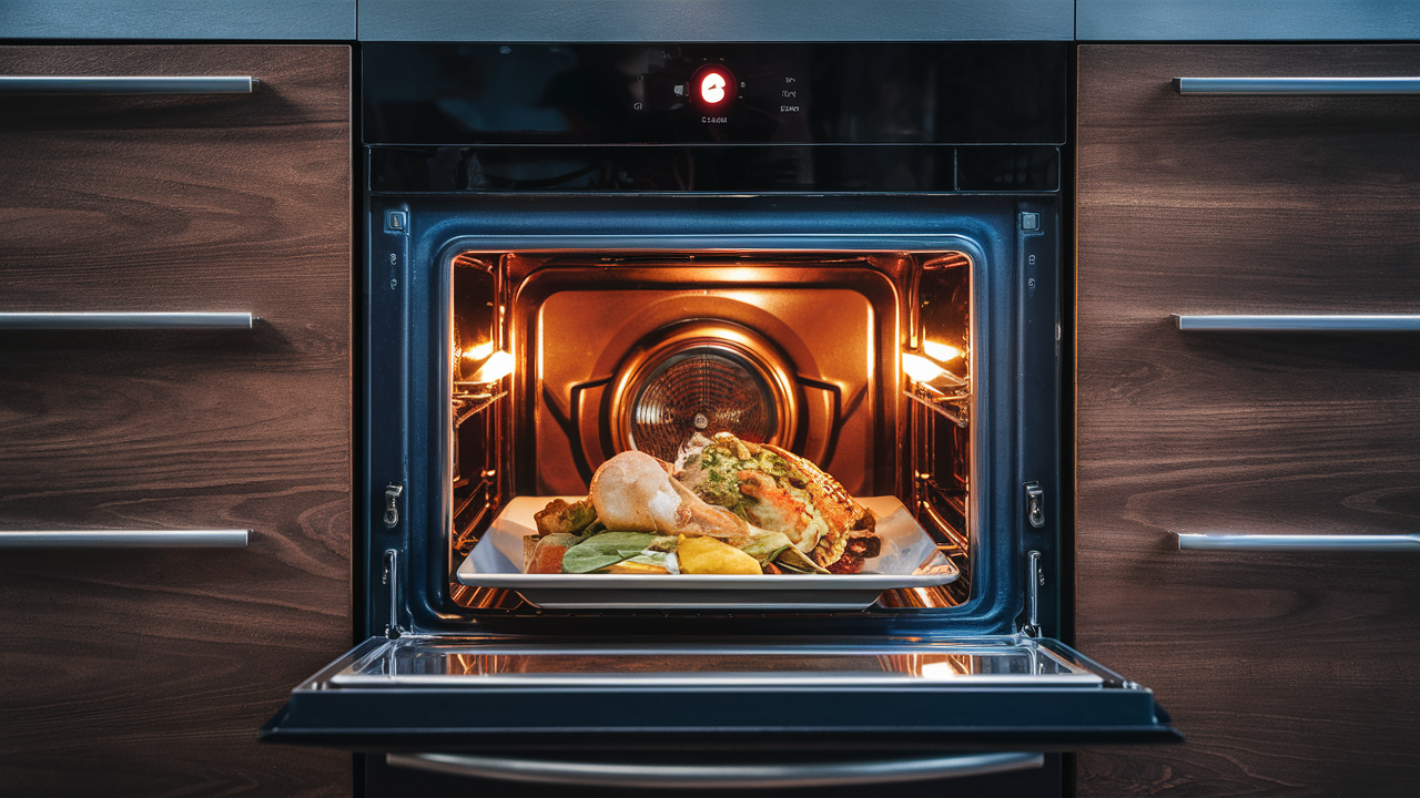 Built-in wall oven with door open and a roast and vegetables on the rack