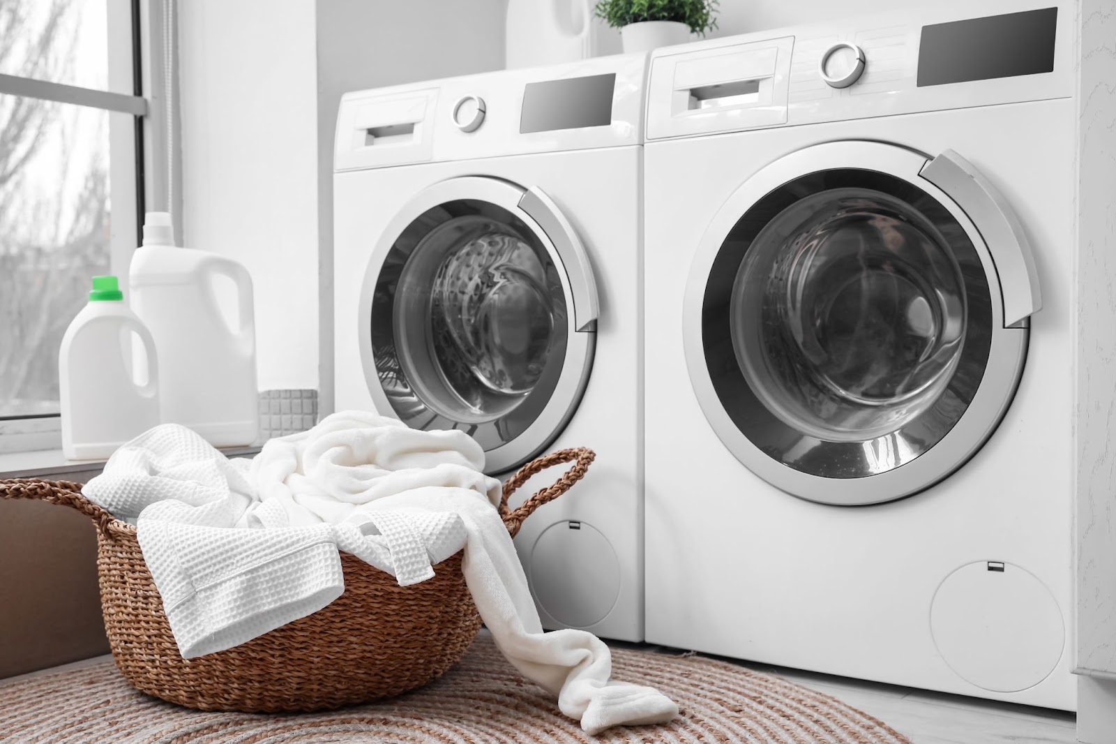 White front-load washer and dryer beside a wicker basket of white towels