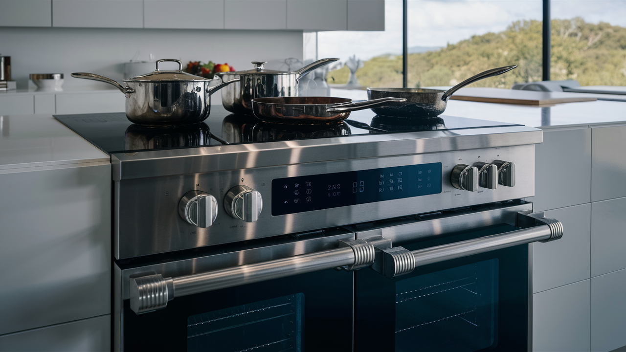 Stainless range with a black glass cooktop holding pots and a skillet