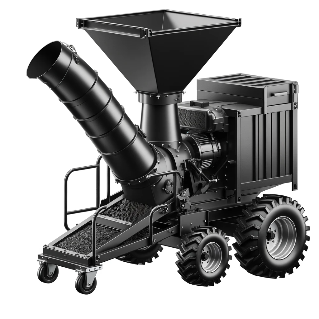 Large wood chipper with feed hopper, discharge chute and tractor tires