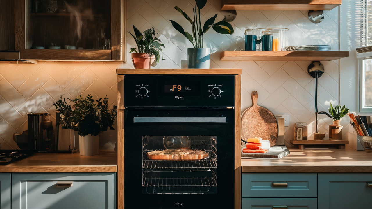 Black built-in wall oven displaying an F9 error code in a kitchen with open shelves