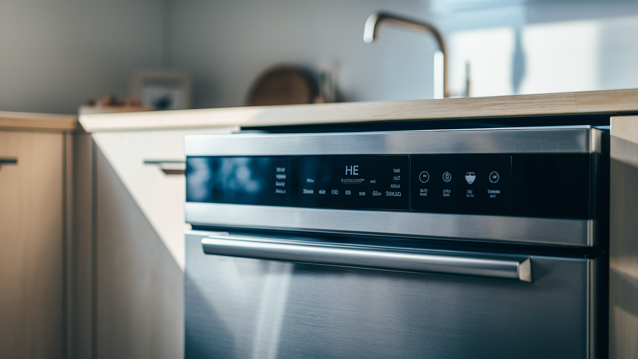 Stainless built-in dishwasher control panel displaying HE error code under a wood countertop