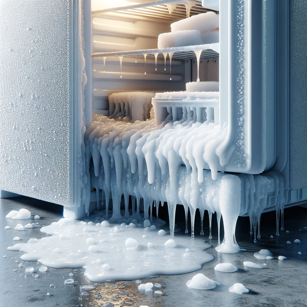 Open freezer with thick frost and icicles spilling onto the floor as it melts