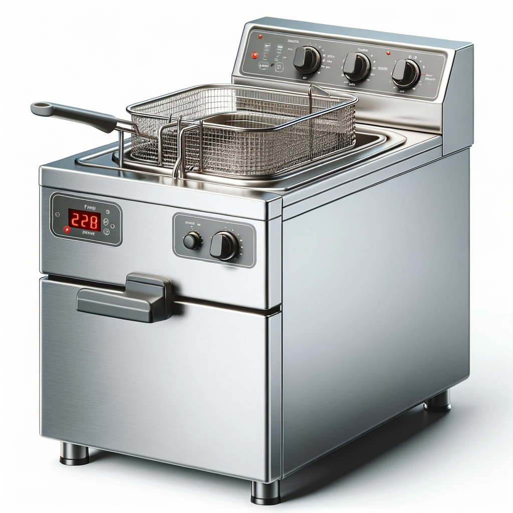 Stainless electric deep fryer with a wire basket and digital temperature display