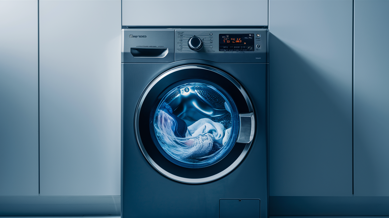 Front-load washing machine with laundry visible through the door in a dim laundry room