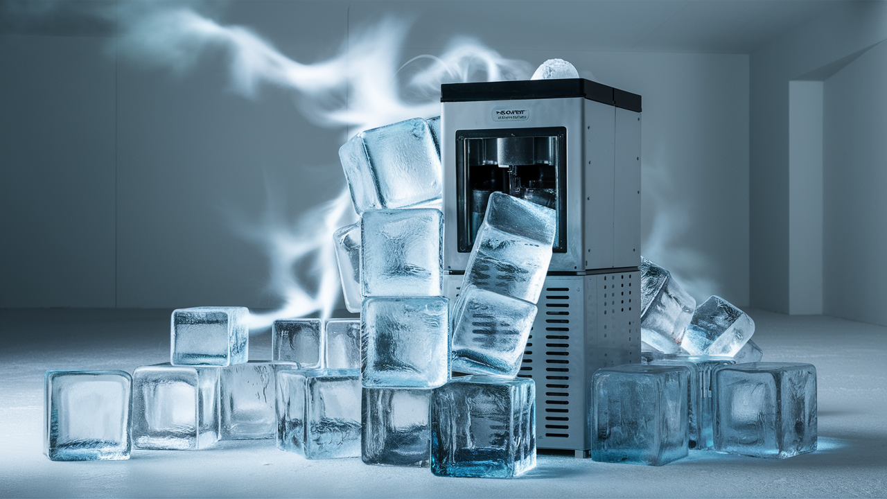 Ice maker surrounded by stacked large ice cubes and frosty mist