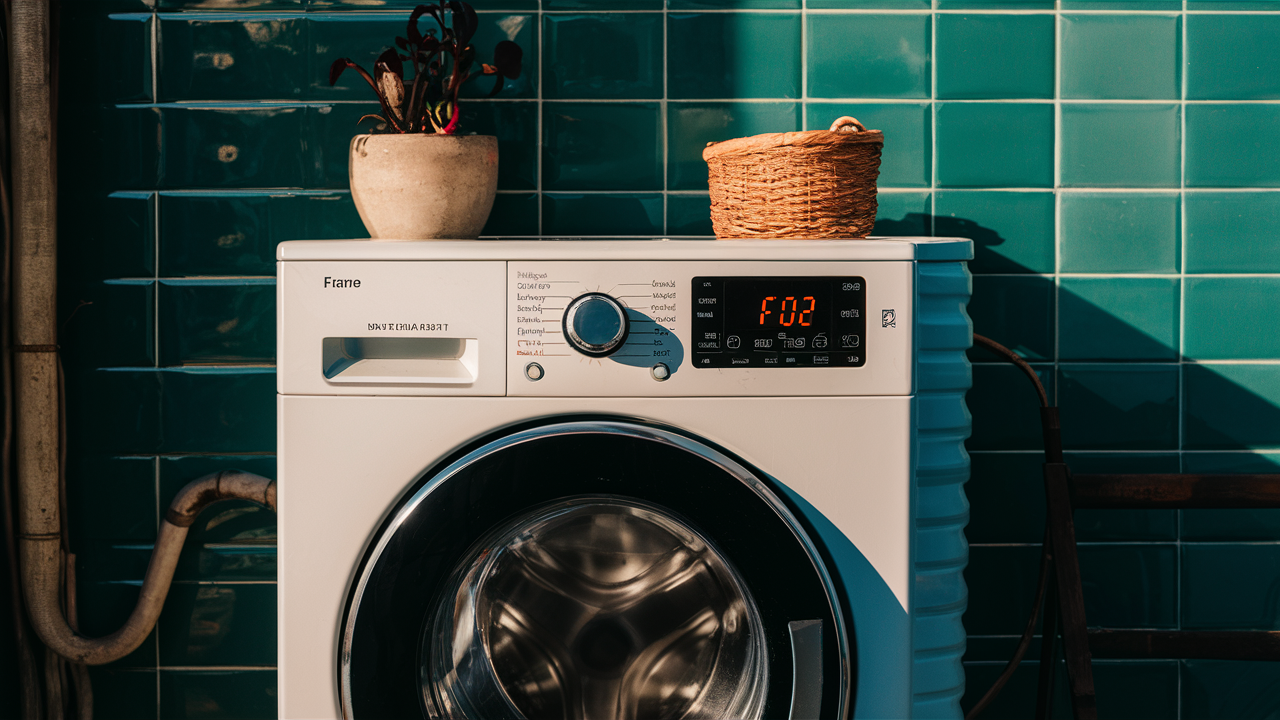 White front-load washing machine displaying an F02 drain error code against a green tile wall