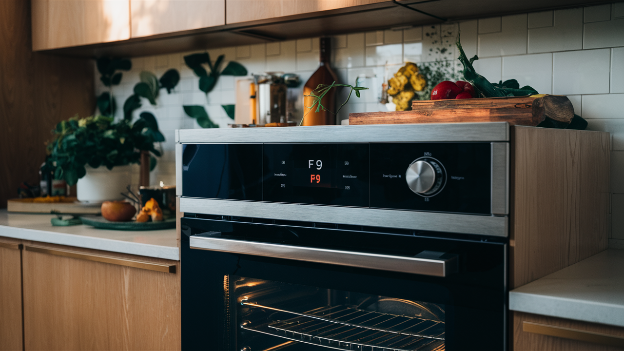 Built-in electric wall oven with an F9 error code on its display panel