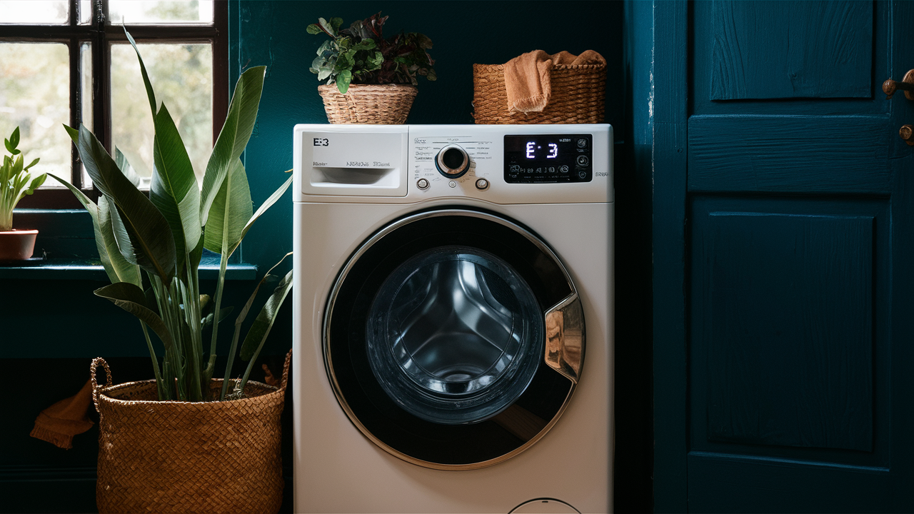 White front-load washer with E3 on its display, between houseplants and a blue door