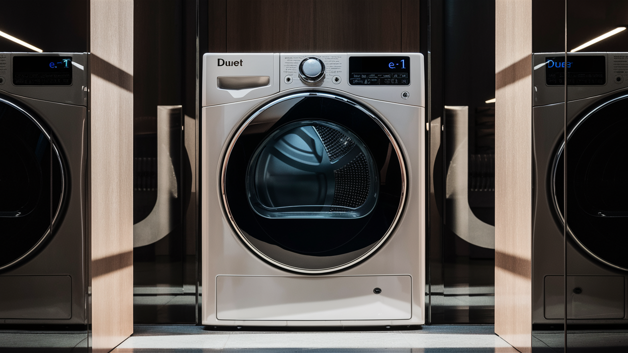 Duet front-load dryer displaying an e1 error code, flanked by mirrored reflections