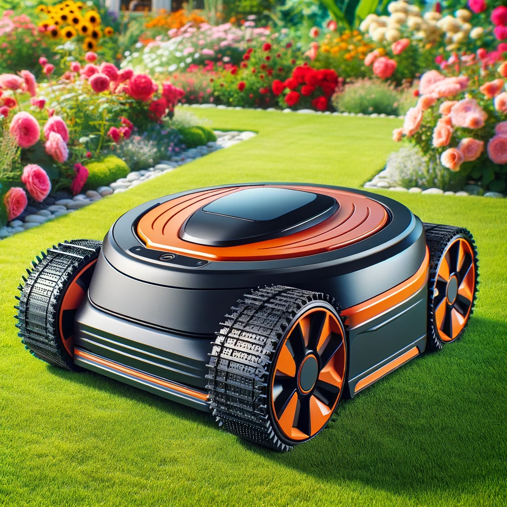 Black and orange robotic lawn mower on a lawn next to flower beds