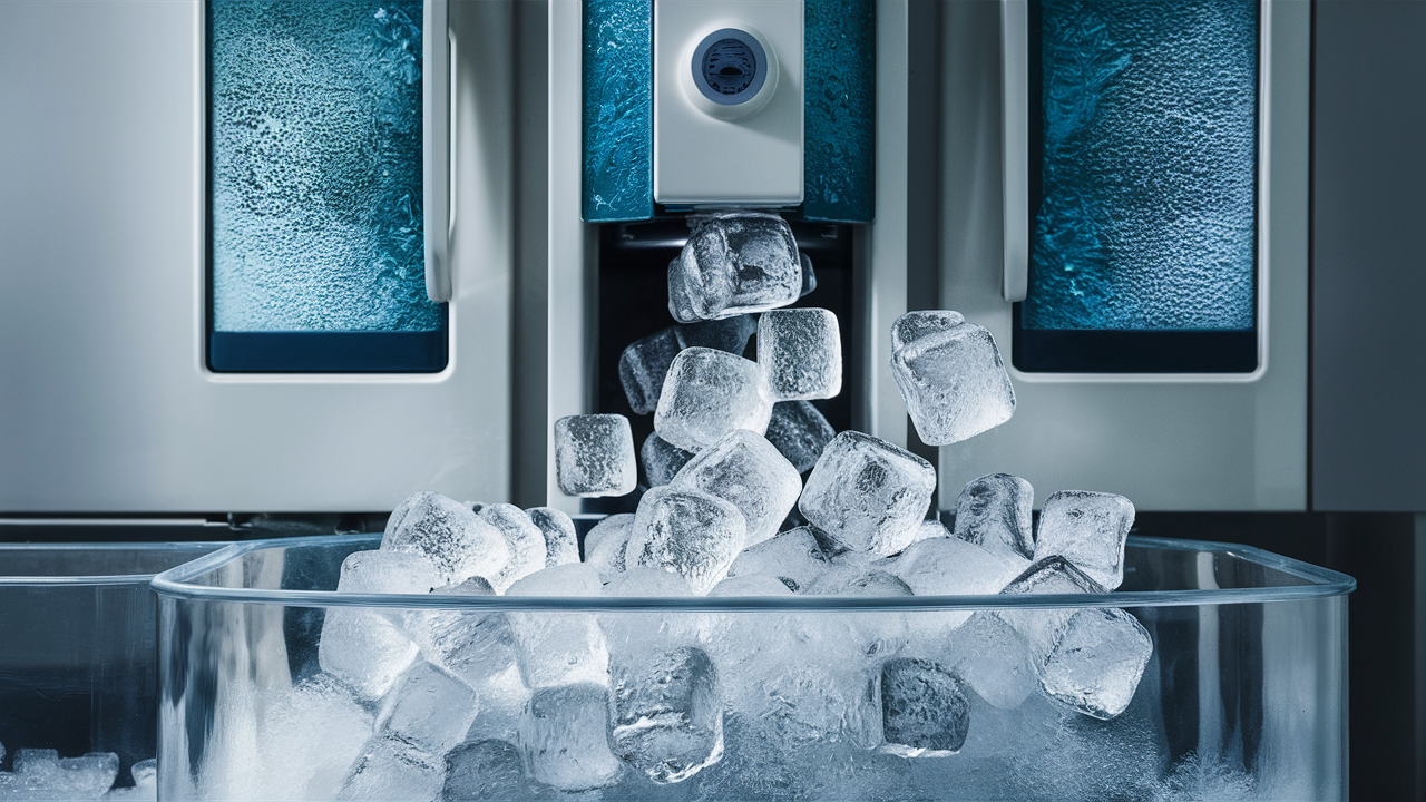 Ice cubes falling from a refrigerator dispenser into a clear glass container with frosted panels behind