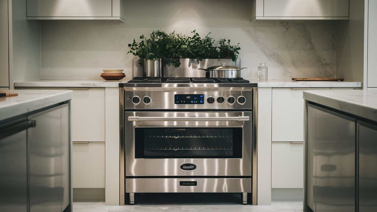 Stainless range with oven window and control knobs in a kitchen with marble backsplash