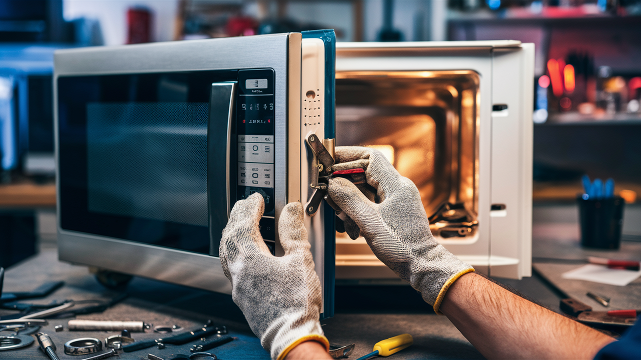 Gloved hands working on the door latch of a microwave with its door open on a repair bench