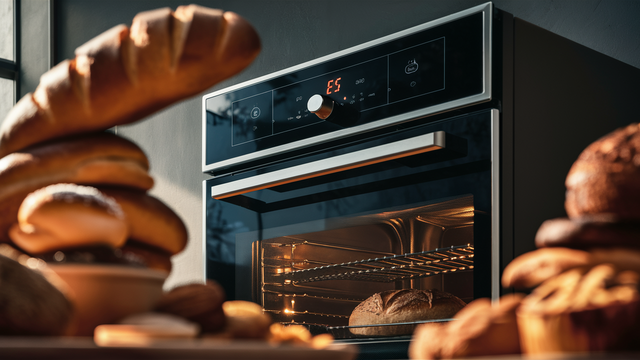 Built-in oven with an E5 error code on the display and bread baking inside