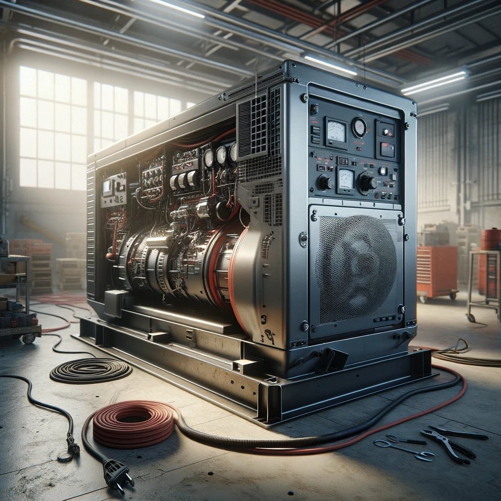 Large standby generator with exposed engine and control panel in a workshop