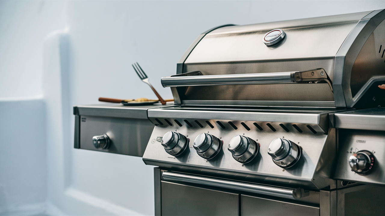 Stainless gas grill with four control knobs and a side burner