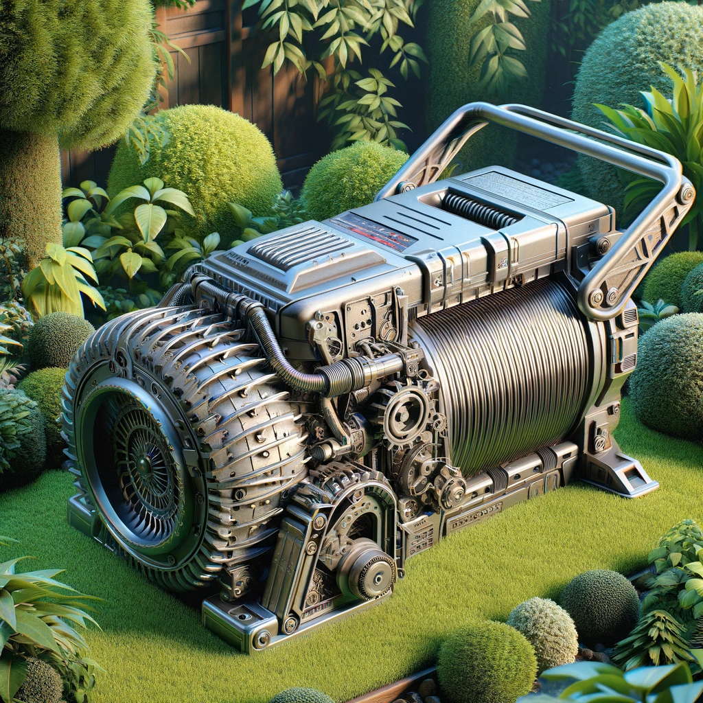 Stylized metal garden machine with a drum and handle sitting on a lawn